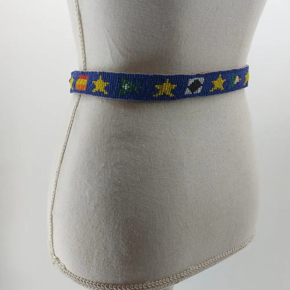 CDE Belt Size 28 Women Leather Tips Hand Beaded Star Flags